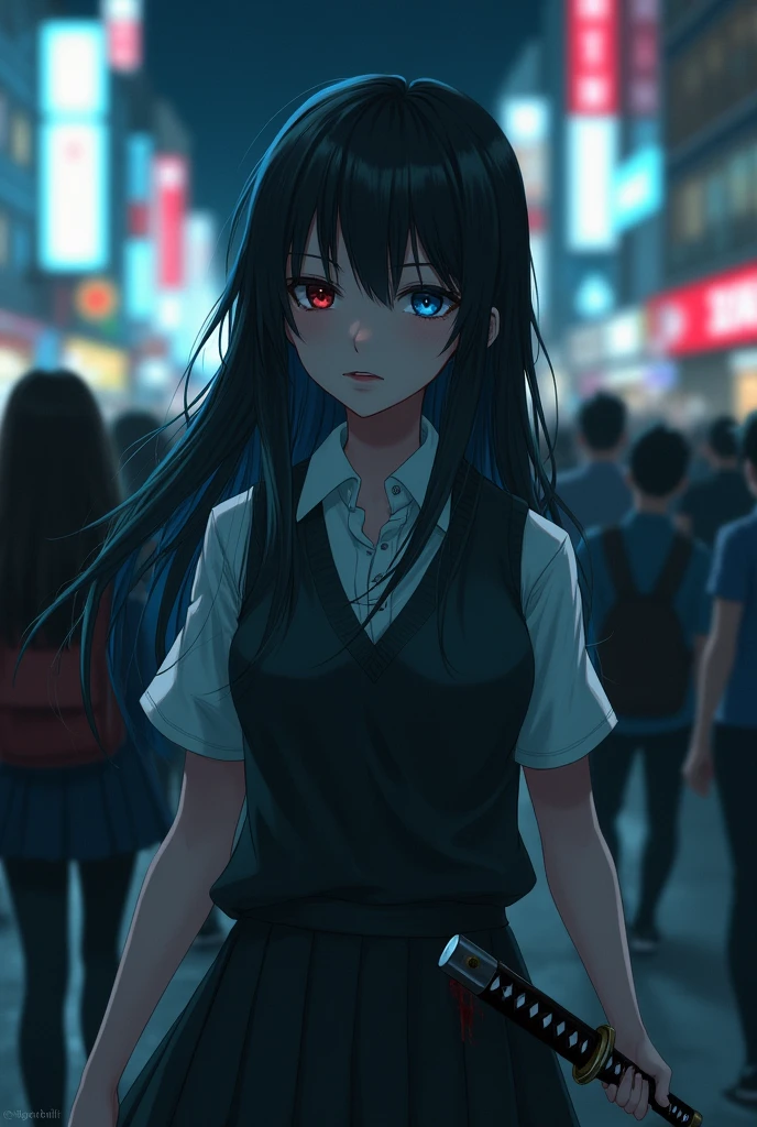 Realistic image. A girl with long, loose black hair, light blue locks could be seen, a side bang above her light blue eyes, her right eye was red, a serious expression in a school uniform, a white dress blouse with one button unbuttoned with a vest over. The girl was on the street walking through a crowd, going almost unnoticed on a dark night, holding a katana in her hand, the blade stained with blood.
