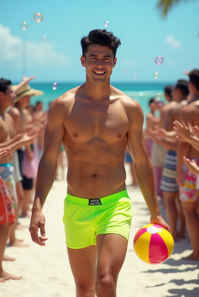 Young cute and handsome beautiful face skinny white beautiful skin color soft white shirtless with fluorescent green boxers short black hair on a catwalk of men beach ball in his hand the public applauds him and celebrates with bubble white man tall thin sincerity