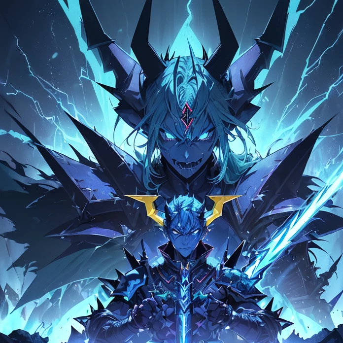 (High Resolution, HD, High Quality), (Super Detailed, High Details), (Masterpiece), (Anime, Anime Style), (Character Design), high fantasy, epic dark demonic fantasy)(detailed background)(chaos)(warhammer aesthetic)(multiple views)
{{evil giant demon prince:(((blue demon skin, blue demon head, spiky yellow teeth, blue muscular neck, blue pointy demon ears, blue big demon electric wings, long demon pointy blue tail, vampire nose, long firm hornes, cull of electric demonic powerspiky jaw, evil demon laughter, (green demon armor, green shoulder plates, green hip armor, big electric demon sword,(electricity and lightning around the castle ruins)(menacing dictator pose, rising his sword up))}}