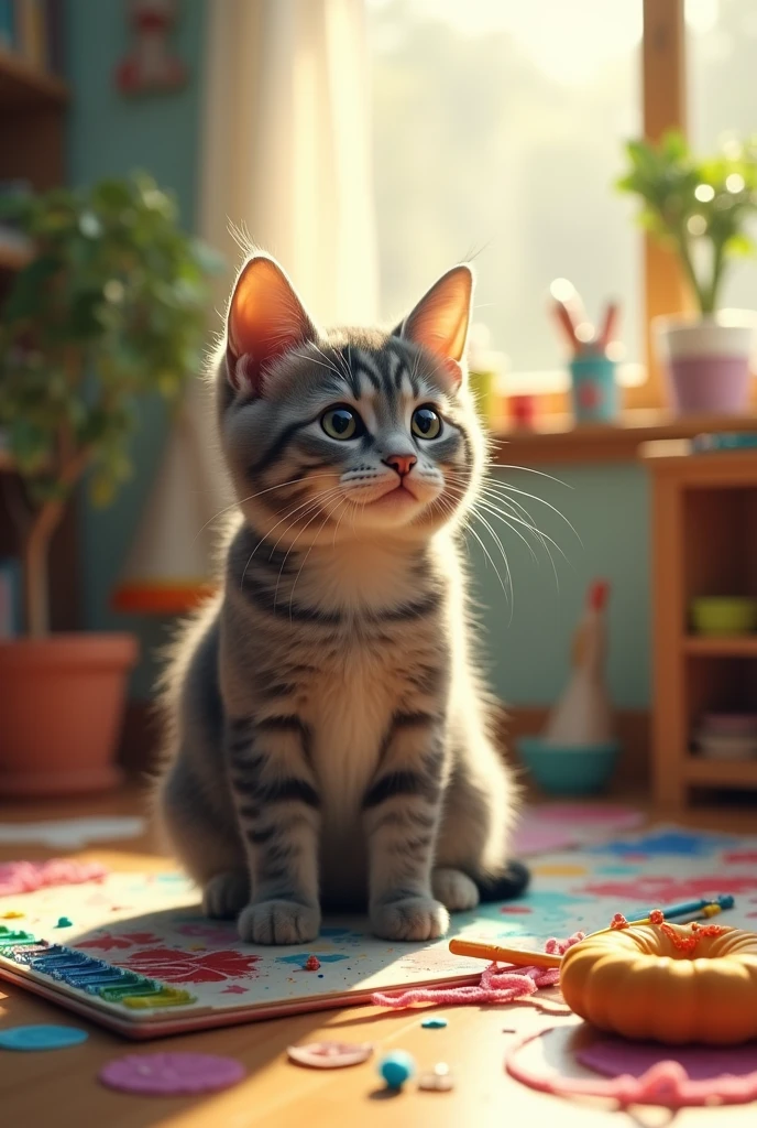 A stray what grey hair cat is adopted by a family and, with the help of its new feline siblings, learns how to navigate the challenges of a busy household while uncovering a hidden talent for art.