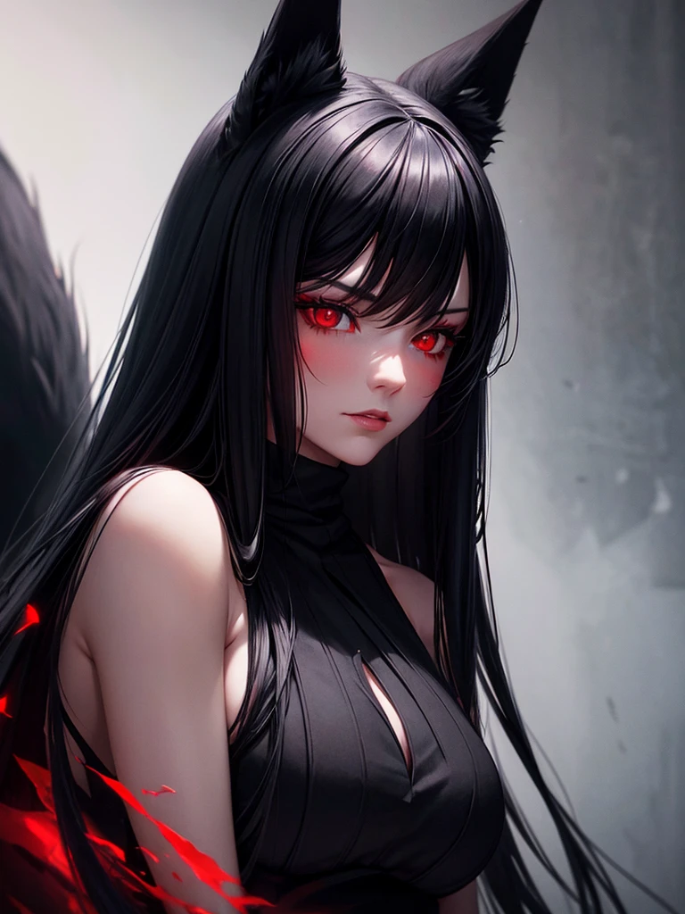 beautiful girl with long black hair, red eyes, black fox ears and a black fox tail, wearing a black and red dress, hyperrealistic, highly detailed, 8k, photorealistic, intricate, cinematic lighting, dramatic lighting, moody atmosphere, warm color palette, cinematic pose, elegant, mystical, magical, fanciful, ethereal, fantasy art, dark fantasy