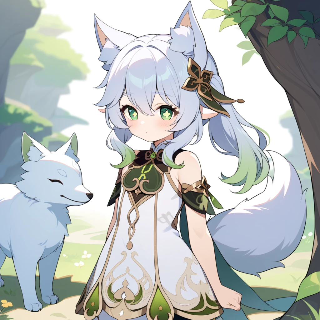 (fluffy anthro hairy:1.3), 1 Girl, Solitary, hair, fox, fox ears, hairy, Nashida (Genshin Impact),Cross-shaped pupil, Green Eyes,(Ponytail, Pointed ears:0.6),best quality,masterpiece,Very delicate and beautiful , (There is a cute girl in the center:1.2), (Solitary:1.3), Nashida (Genshin Impact), Cross-shaped pupil, (Ponytail, Pointed ears,:0.6) ,Cowboy shooting,Put your hands behind your back,Two hands,fluffy fox tail,