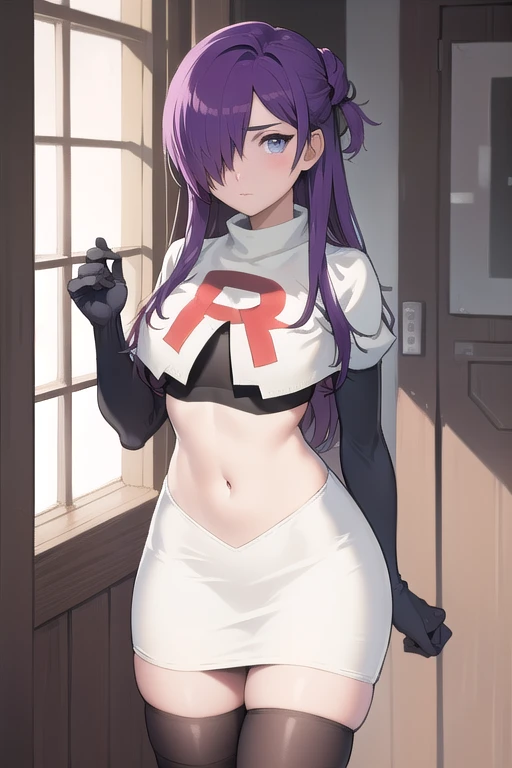 masterpiece, best quality, shez, hair over one eye, looking at viewer, team rocket,team rocket uniform,white skirt,red letter R,crop top,black thigh-highs,black elbow gloves