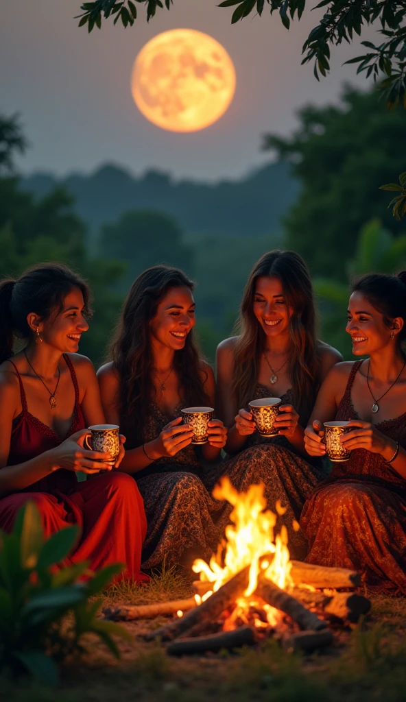 create an image with women performing a ritual around a bonfire under a fire, women must be holding a cup in their hand, wearing mystical dresses, It must be late afternoon, and with a moon in the middle with the symbol of the lion (horoscopo), They must be in a circle, happy and drinking from the cup, called Mayan cacao ritual.