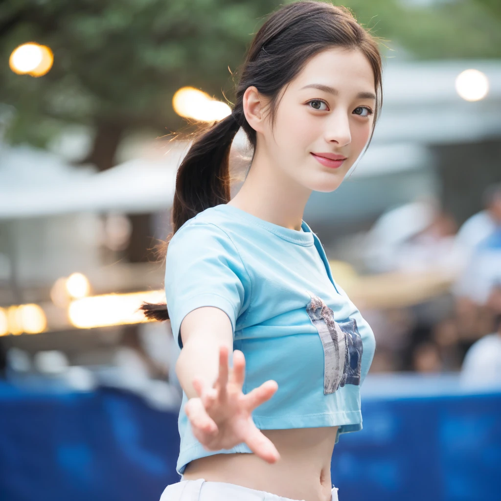 a gorgeous smiling cute Japanese woman in a Hawaii t-shirt outfit, delicate facial features, porcelain-skinned, ponytail, a fusion of young Marion Cotillard's striking eyes and young Anne Hathaway's introspective gaze, long and slender cute face, Asian winged eyes, wavy nose, full wide lips, flowing very long straight black hair in the air, reaching out her hand to the viewer and snapping her fingers, silhouette, bokeh, floating market background,