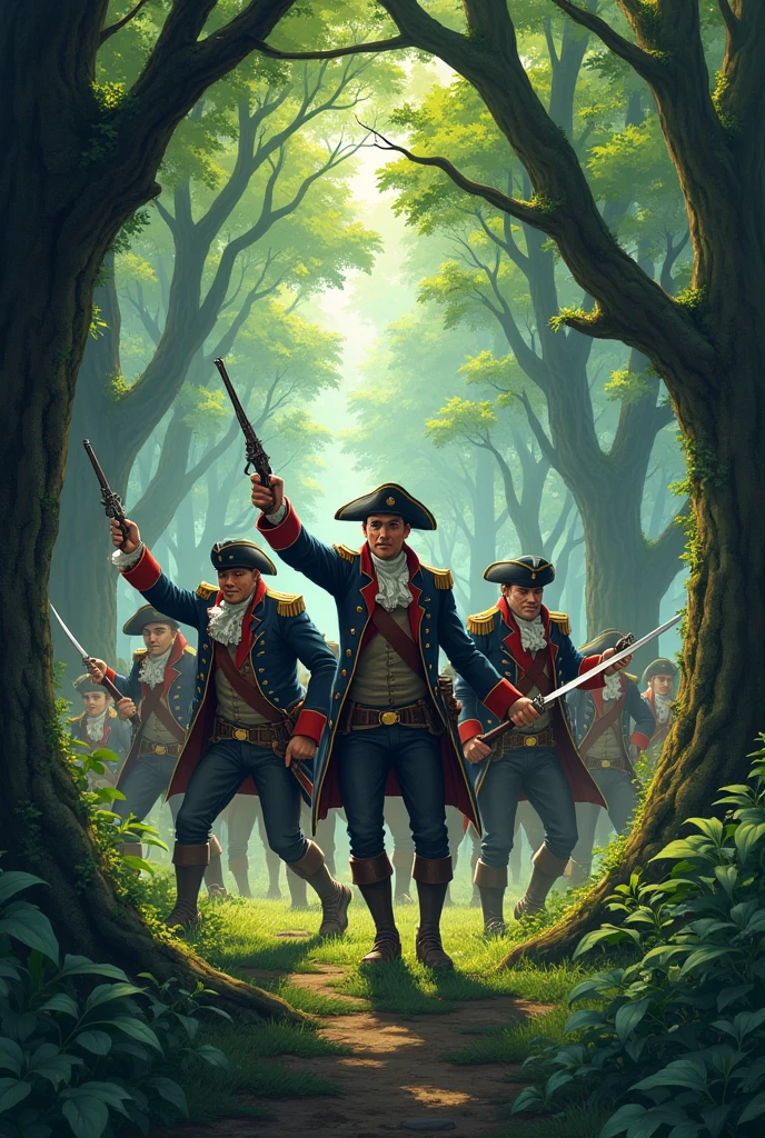 Humans from the 1740 British Navy Army invade the forest 2D anime look in front of them and get into fighting stance 