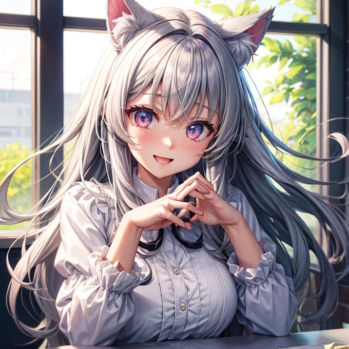 Anime with cat ears, Soft white fluff inside the ear, Her eyes are big、I was full of curiosity, She was excited and happy to see me., Beautiful Eyes, Gray Hair, Pink Eyes, Good art, Good picture, anime 2D, 2D, cute, Two hands with five fingers on each hand, Beautiful Hands, Good move, 4K, 8k,
