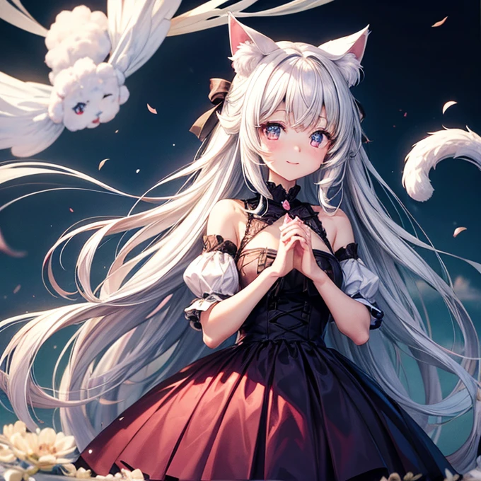 Anime with cat ears, Soft white fluff inside the ear, Her eyes are big、I was full of curiosity, She was excited and happy to see me., Beautiful Eyes, Gray Hair, Pink Eyes, Good art, Good picture, anime 2D, 2D, cute, Two hands with five fingers on each hand, Beautiful Hands, Good move, 4K, 8k,