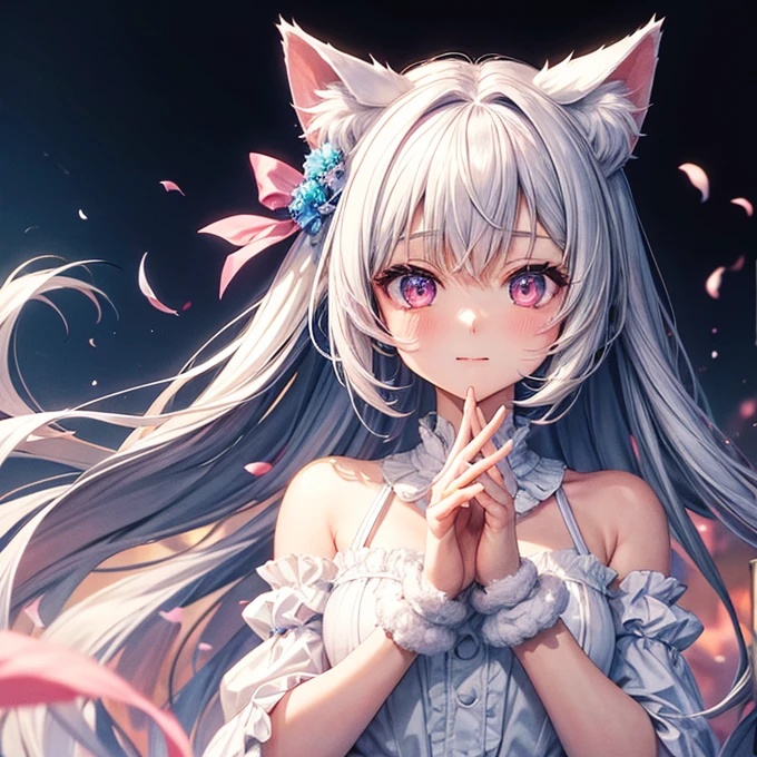 Anime with cat ears, Soft white fluff inside the ear, Her eyes are big、I was full of curiosity, She was excited and happy to see me., Beautiful Eyes, Gray Hair, Pink Eyes, Good art, Good picture, anime 2D, 2D, cute, Two hands with five fingers on each hand, Beautiful Hands, Good move, 4K, 8k,