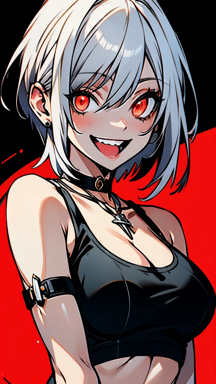 best quality, realistic:1.37, ultra-detailed, an anime girl in the summer, white hair, short hair, tomboy hair, red eyes, detailed eyes, beautiful, smile, laugh, bright smile, charming, black tank top, large breasts