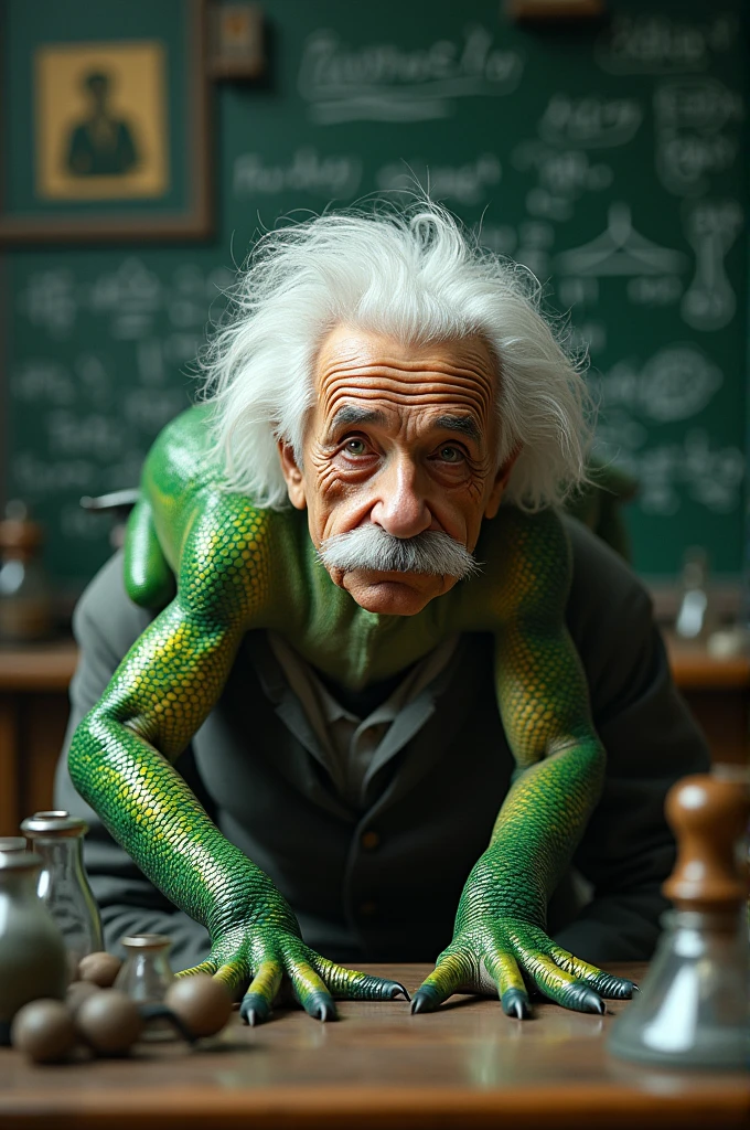 Albert Einstein turning into a very realistic reptile