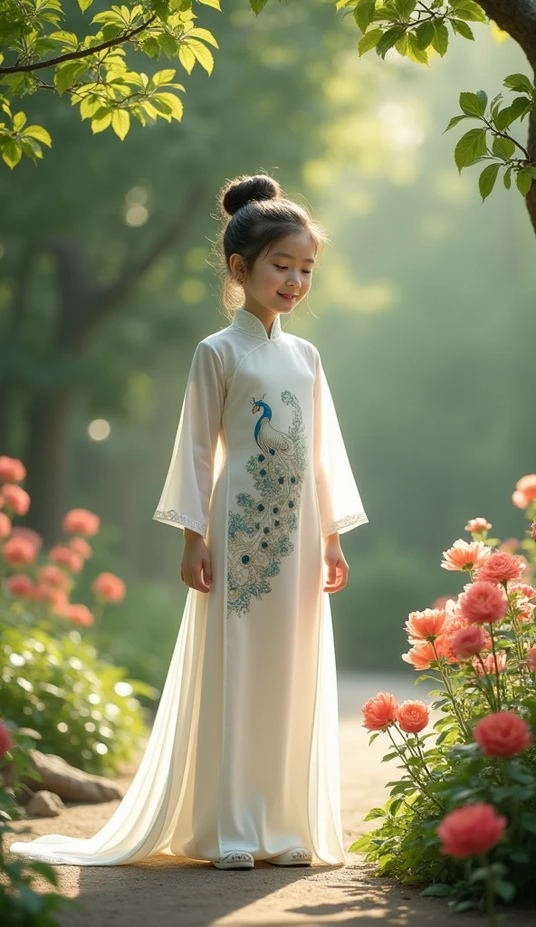 The girl in the ao dai is made of thin silk and cotton fabric., In a long, form-fitting white style、Very fine, シャツの前面の孔雀の模様はVery fineです, The girl is standing in a wonderful space with great attention to detail