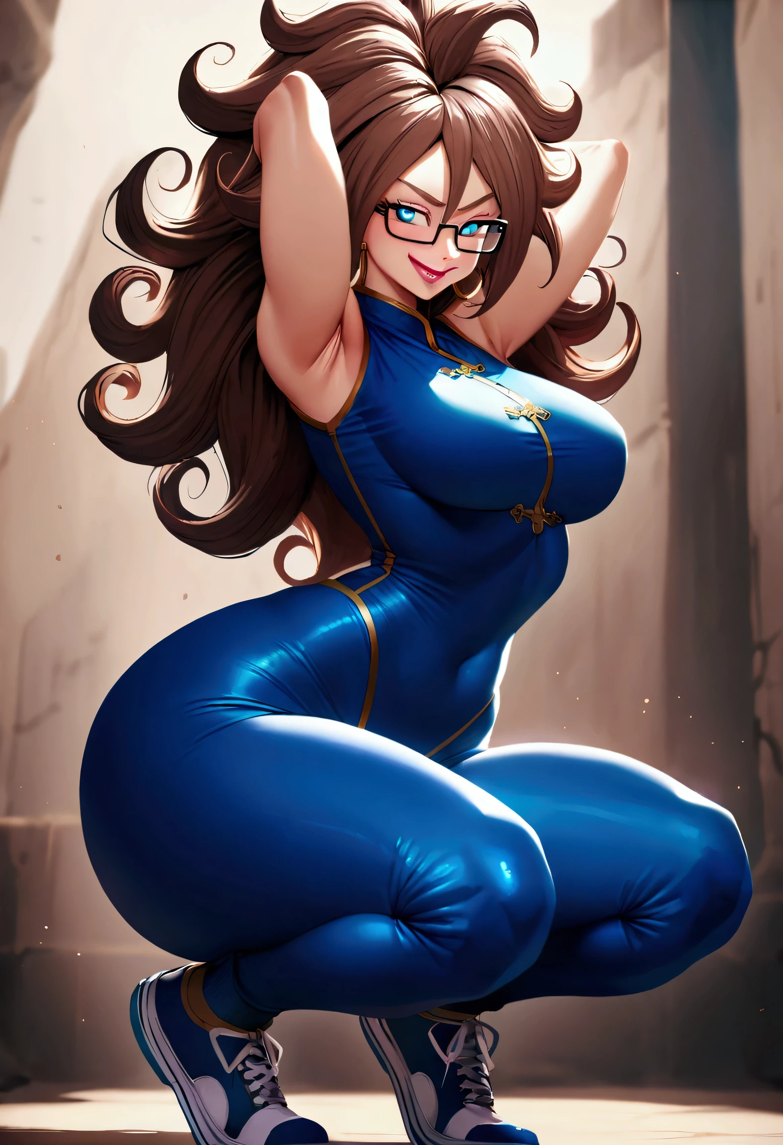 Android 21 from dragonball brown hair, long hair, curly hair, blue eyes, hoop earrings, wide hips, big ass, glasses, blue budysuit, sleeveless, unitard, Chinese clothing, blue sneakers, alone, corset, teasing, crazy smile, on knees, hands behind head,