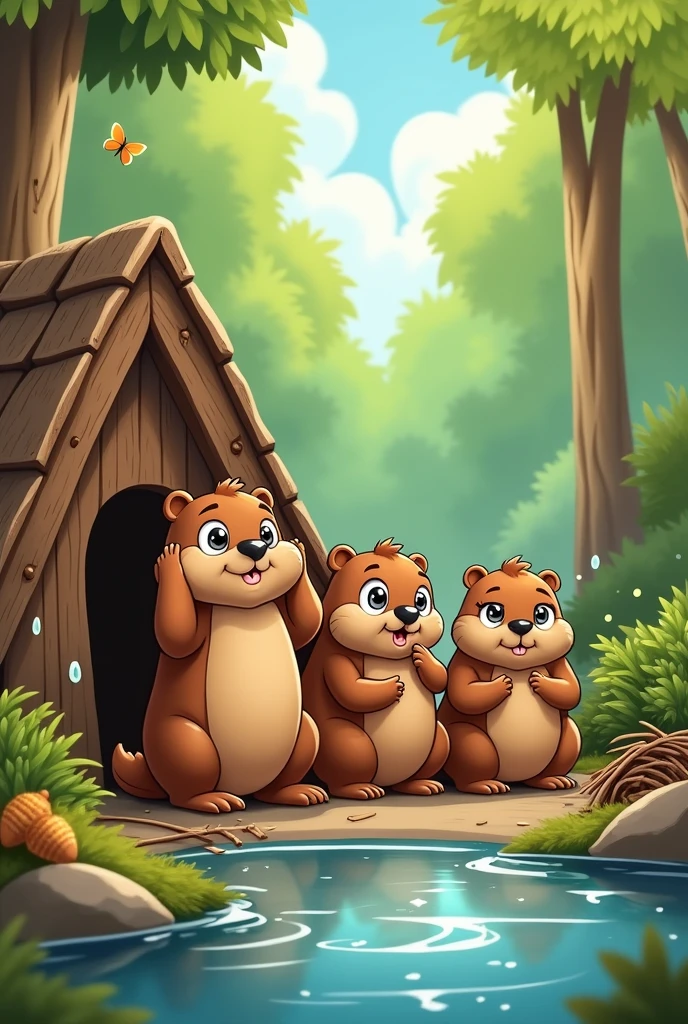 Draw a group of beavers very tired of working in their new house in cartoon style as a drawing  
