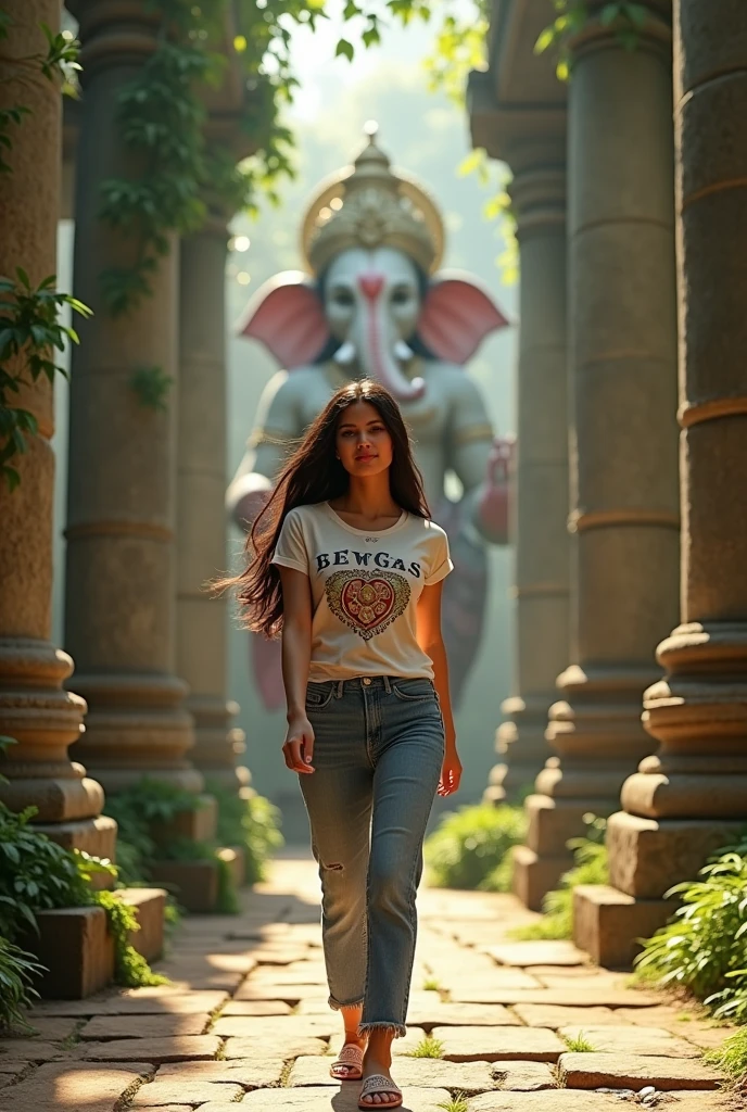 Create a female character walking with lord ganesh with the background of old temple andbprint the character name(rikki)on her chest the charctervmust wear t-shirt and jeans pant generatevimage in 3d