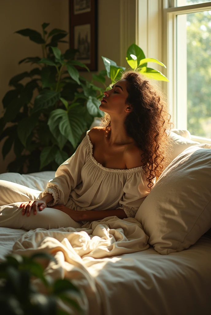 (photorealism:1.2), beautiful woman, sitting on bed, wearing loose off-shoulder top, pajama pants, long curly hair, indoors, soft lighting, plants in background, window with sunlight, cozy room, relaxed pose, realistic, intricate details, warm colors, by Greg Rutkowski, by Alphonse Mucha