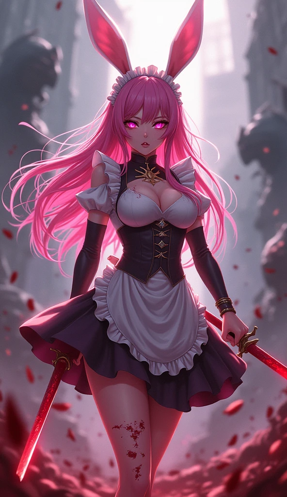 anime girl, pink hair, pink bunny ears, pink eyes, and pink fighting with a pink sword  and angry all covered in blood maid outfit with big busts, high quality, (RAW photo, best quality), (realistic, photorealistic: 1.4), (extremely delicate and beautiful: 1.4), amazing, fine details, masterpiece, ultra detailed, high resolution, best illustration, best shadow, intricate, ( extremely intricate: 1.2), (exquisitely detailed skin), cinematic light, perfect anatomy, (cool color: 1.4), sharp focus, 8k UHD, DSLR, (Fujifilm XT3),Epic Fantasy Art Style HD, 4K fantasy art, epic fantasy digital art style, epic fantasy art style, Fantasy Woman, epic fantasy art portrait, Epic fantasy style, hyperrealistic fantasy art, hd fantasy art, Epic fantasy character art, epic fantasy art, in style of dark fantasy art, epic fantasy digital art, (mostrando panties white :1.4), (nsfw:1.4 ),(nsfw V2.1)
  