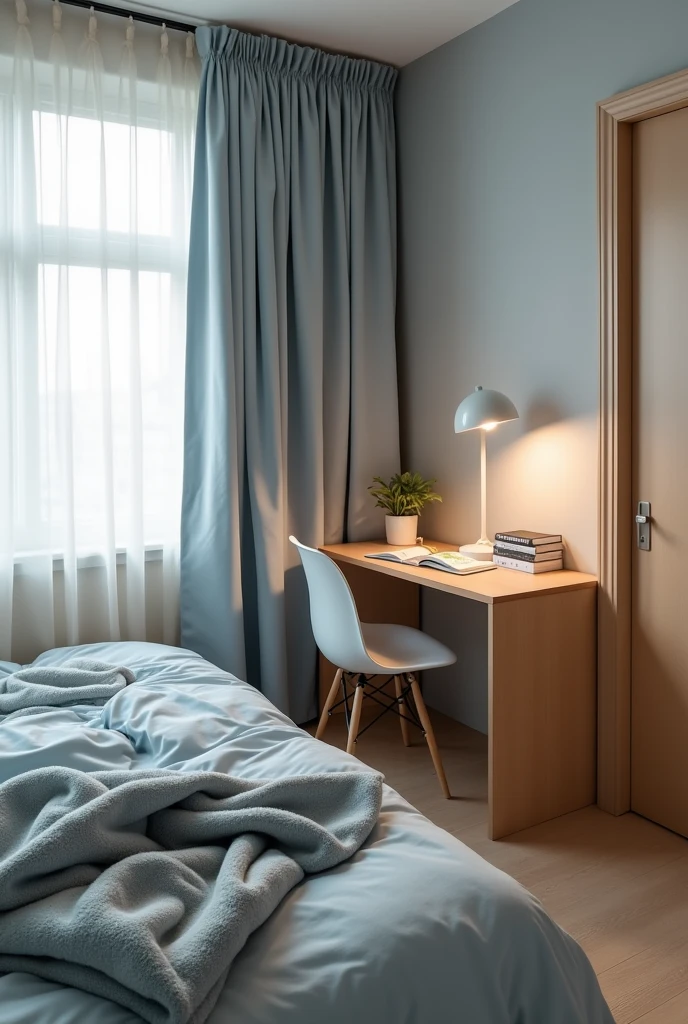 The bed is light blue, the comforter is gray, the curtains are also light blue, the floor is light brown, add a desk next to it, the desk is light brown, add a chair, the chair is gray, the walls are gray, add a door, the door is light brown, the door is closed, the desk light is white