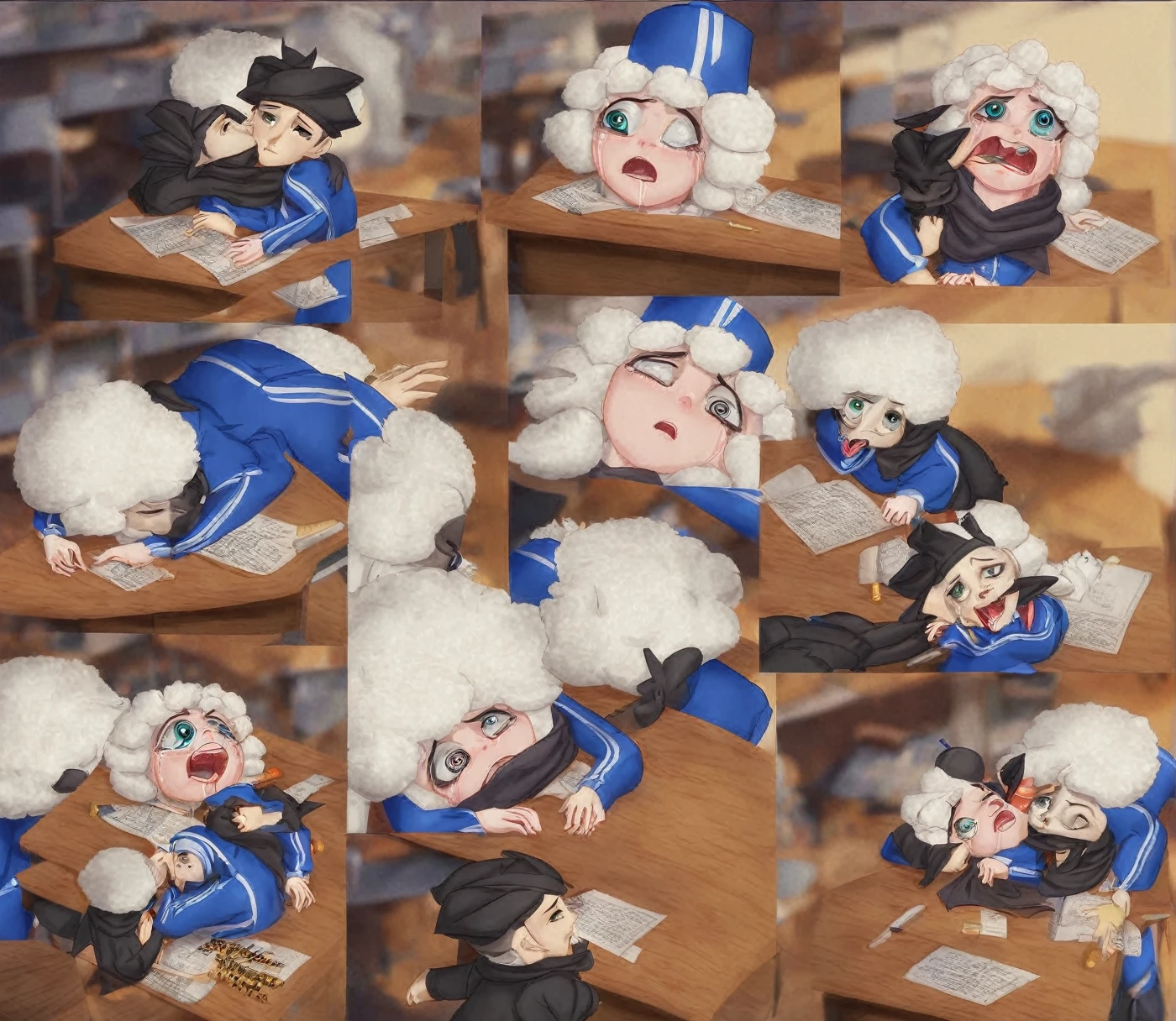 White Shag Beetle, Axolotl Face (( Big Circle Eye, Zig zag Mouth)), Fez Hat, blue tracksuit, Black scarf, by Guillaume Renard \(skchkko\), Sad and Crying, Desk in Classroom