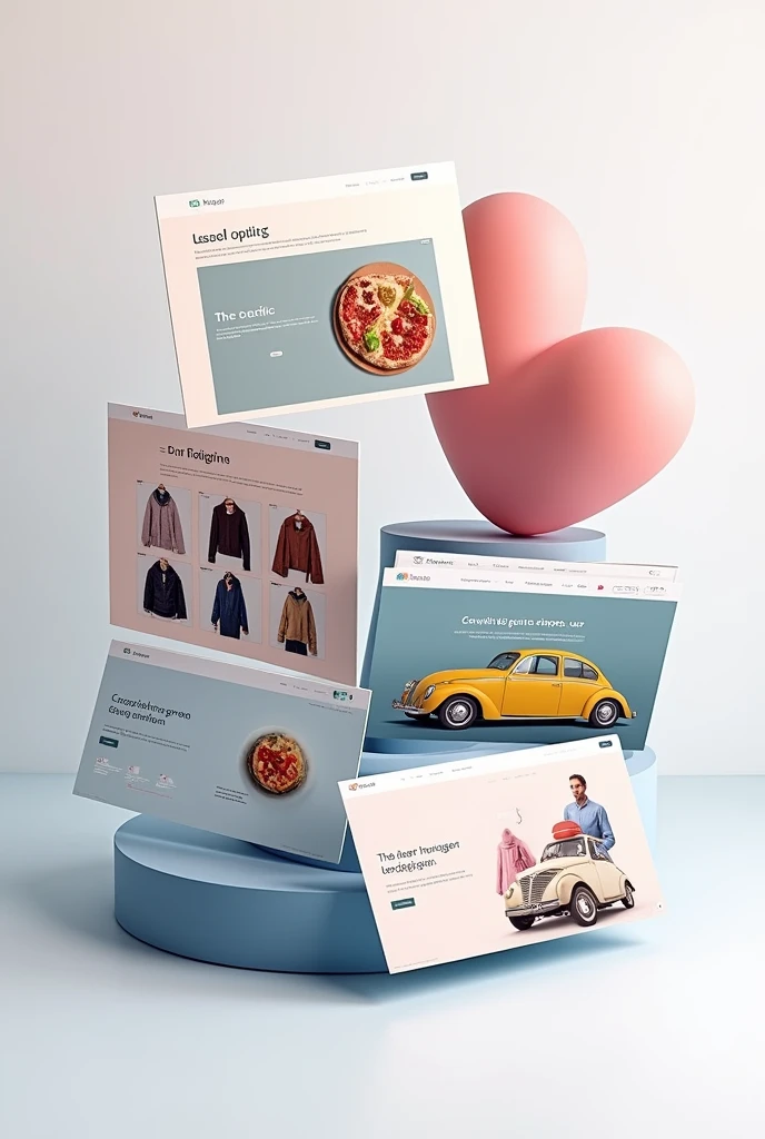 Modern and fluid web page designs in a single image, Some may be a clothing store, others a web portfolio, others a food store, others a car sales store., that they are displayed as if it were a list of 3D cards that are slightly overlapping but that allow you to appreciate the variety, that they are almost all together, that there is no fund or that the general fund is as minimal as possible, NO people or faces no faces, not even 3d as if it were real, avoid the background of the general image, includes responsive views