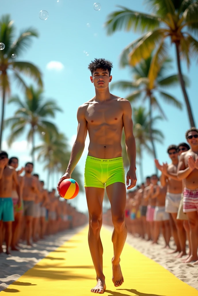 Young cute and handsome beautiful face skinny white beautiful skin color soft white shirtless with fluorescent green boxers short black hair on a catwalk of men beach ball in his hand the public applauds him and celebrates with bubble white man tall thin sincerity