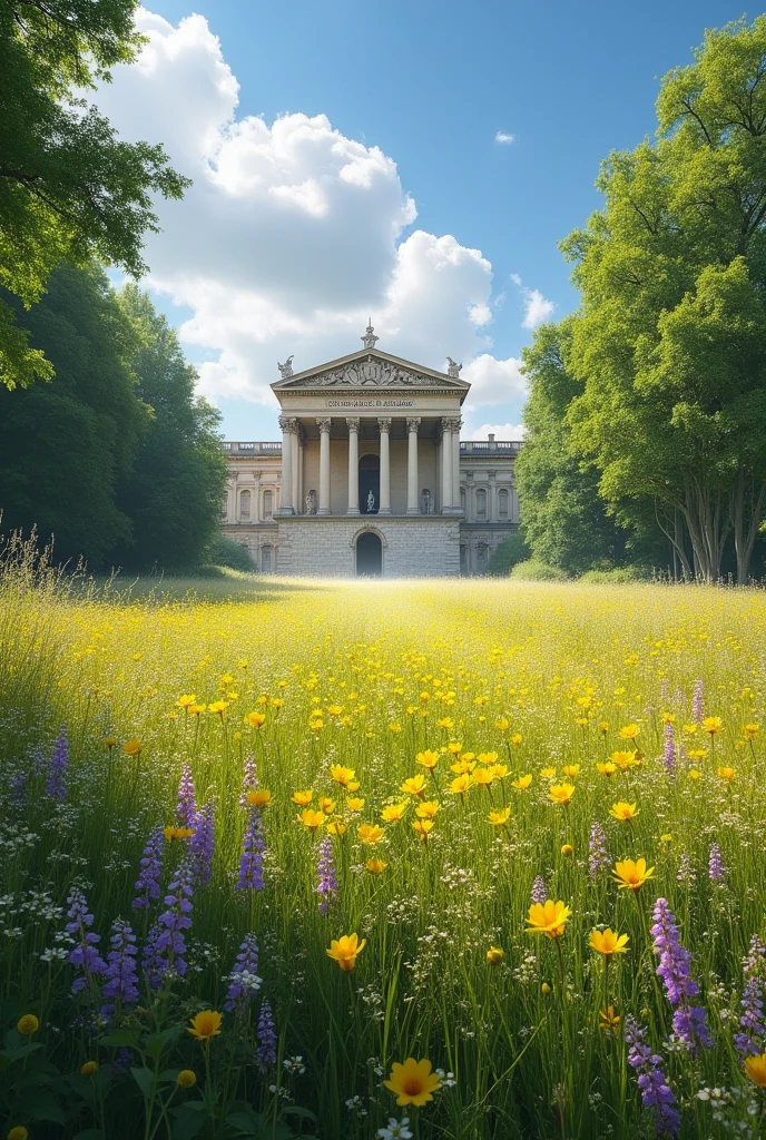 Meadow with neoclassical palace in the background 
