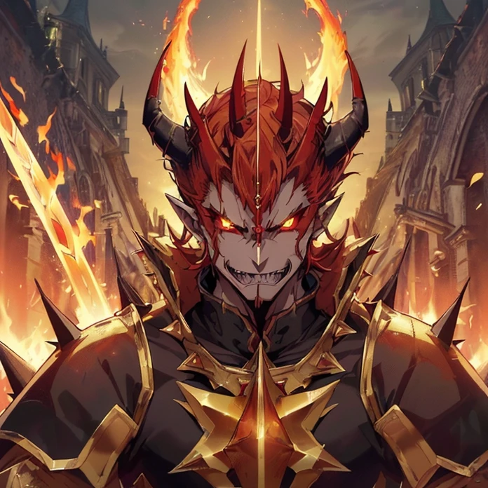 (High Resolution, HD, High Quality), (Super Detailed, High Details), (Masterpiece), (Anime, Anime Style), (Character Design), high fantasy, epic dark demonic fantasy)(detailed background)(chaos)(warhammer aesthetic)(multiple views)
{{diablo lord of terror:(((red demon skin, red demon head, spiky yellow teeth, muscular neck, pointy demon ears, big demon wings, long demon pointy tail, vampire nose, spiky jaw, evil demon smile, (golden demon armor, golden shoulder plates, golden hip armor, big fire demon sword,(fire around the castle ruins)(menacing dictator pose, rising his sword up))}}