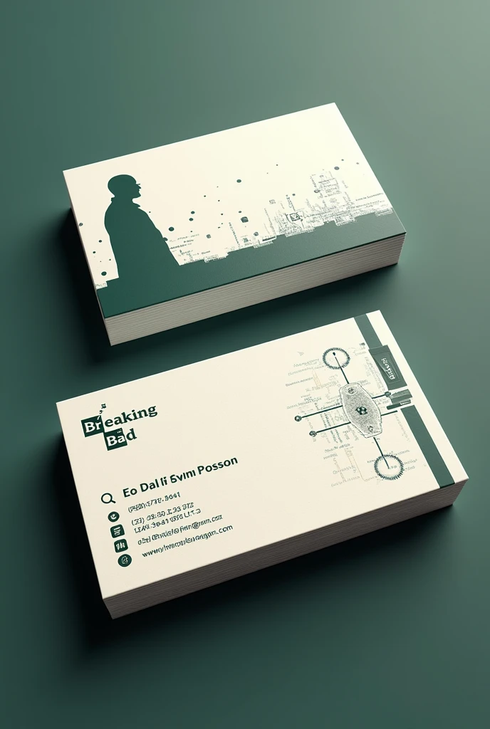 I need a business card as a graphic designer that covers the following concepts: breaking bad, design and programming IMPORTANT: that it is a business card and that it also covers the design and drawing. That is very good., that it is more minimalist with the concept of breaking bad, Remember it's a business card.
This is very good, but add more design. Believe me, there are several options, like the last one, but with different designs that have more to do with programming and Breaking Bad., Please note that this is a business card, Believe me, there are several options like that last one., IT'S ONE BUSINESS CARD MORE COVER LETTERS