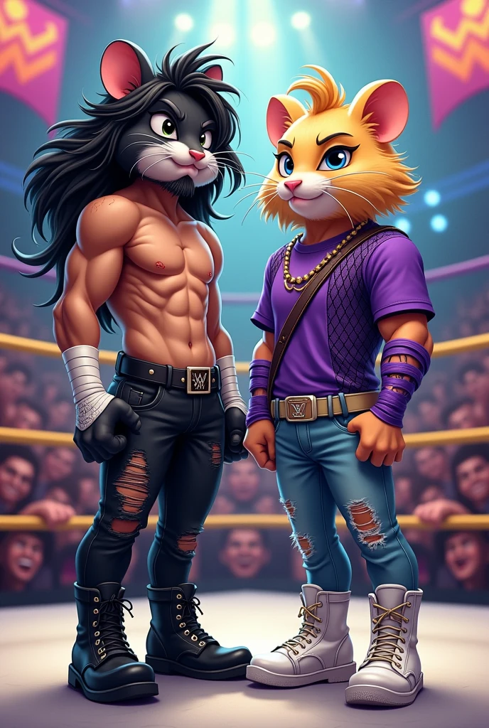 Two cartoon hamsters dressed like wrestling tag-team the Hardy boys. One has long black frizzy hair, no shirt, ripped black jeans, white wrist tape,and black wrestling boots. Also has short black beard. The other has blond man bun hair, a purple t-shirt, black fishnet shirt, ripped stonewashed black jeans, purple arms bands with holes, and white belt and white wrestling boots.