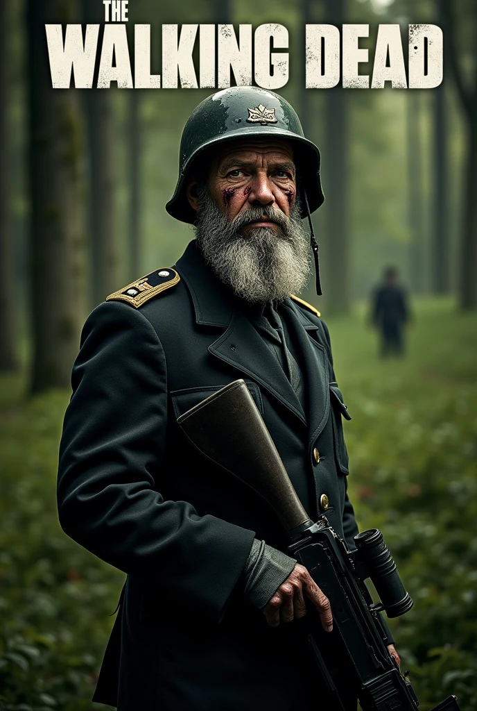 A soldier in a black uniform with gray hair and also a beard with a rifle at a military base in the middle of a forest with wounds and above in the left corner a written text "The Walking dead".and also with a helmet.