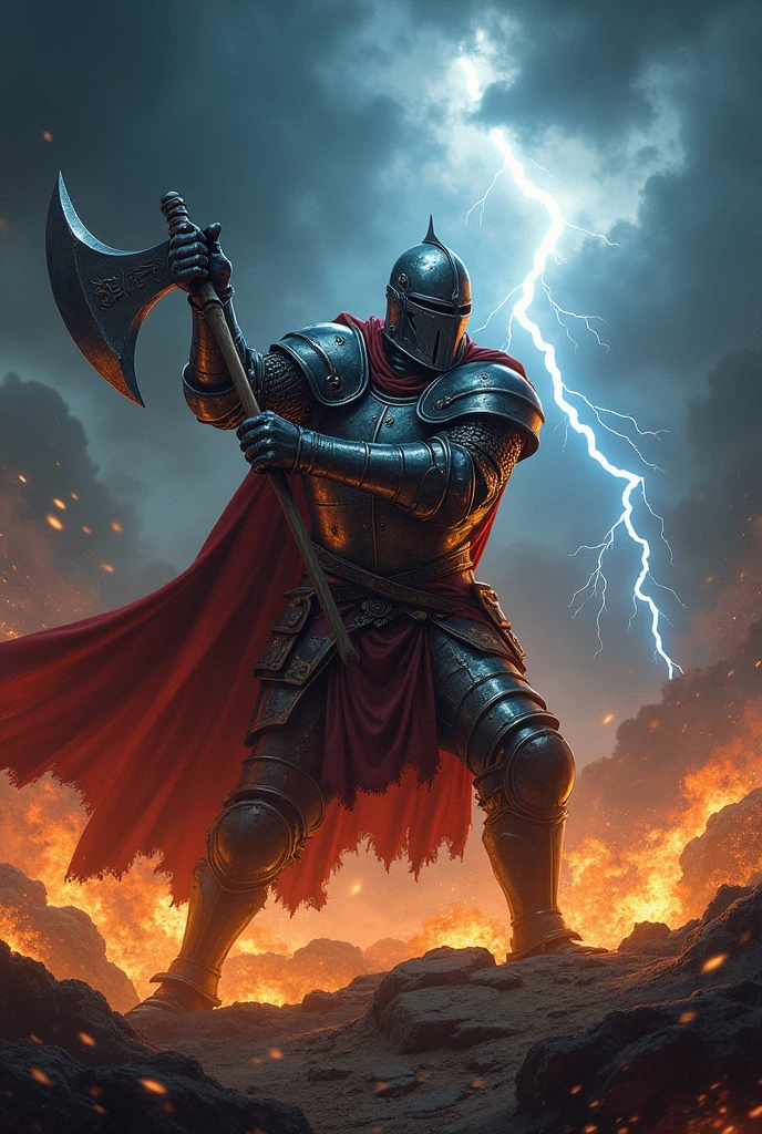 masterpiece、Highest quality、Very detailed、Ultra-high resolution、Two-handed axe、middle ages、knight、swing、Crash、Lightning strikes、Aura of Light