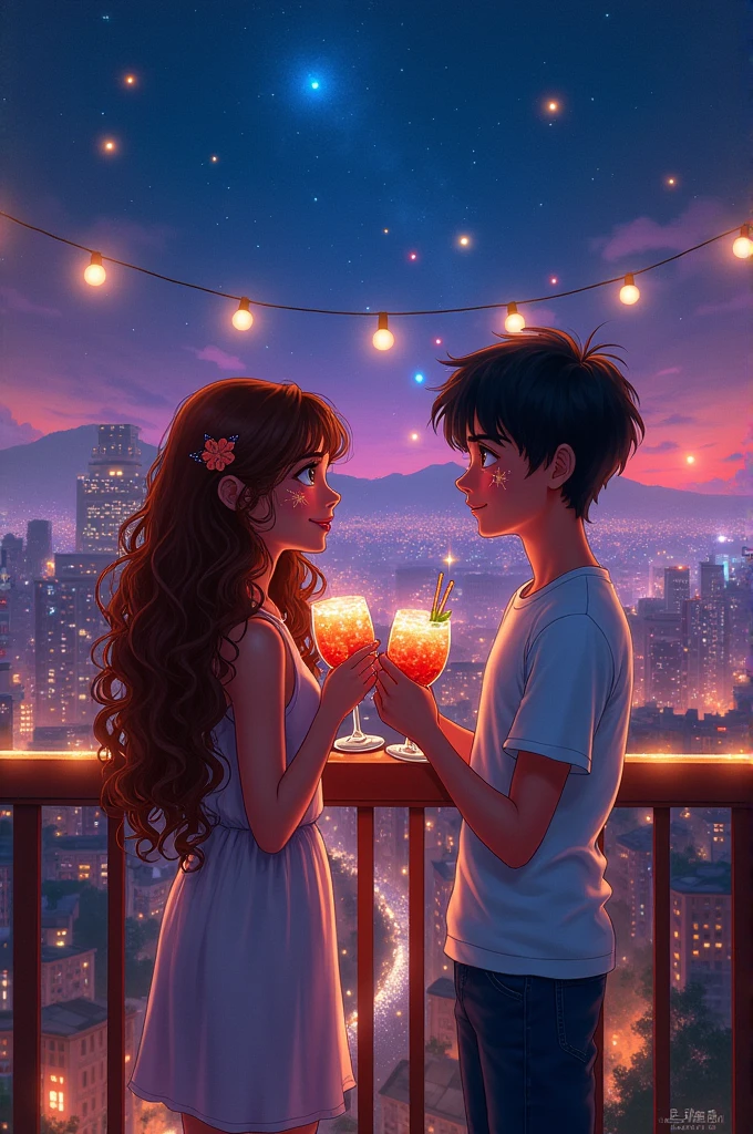 fan art style, (movie poster:1.2), soft lighting, (dramatic angle:1.25), (Accompanied:1.4), (1 girl), (brown color), (chestnut hair), long  curly hair), eyes black, (ssmile), (1 boy) (Bblack hair), (white color), ( blue colored eyes) (ssmile), terrace de um prédio com vista da cidade, (roupas de feast), star makeup on face, (looking at the city view:1.3), fantastic colorful, lights, feast, drinks, natta, starry sky, (terrace:1.3), (work of art:1.2), ultra detali, (best qualityer), illustration, (Depth of field)
