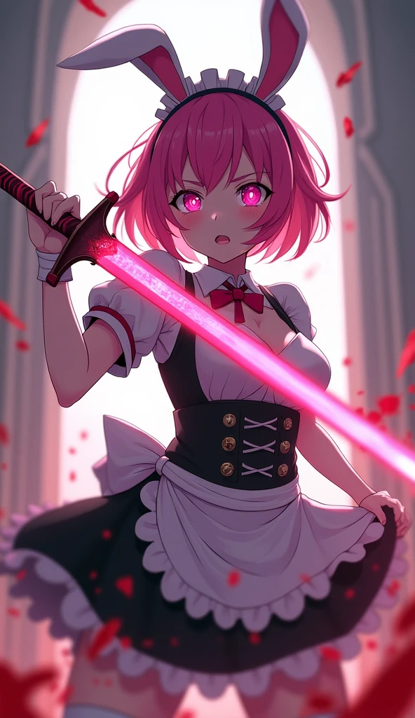 anime girl, pink hair, pink bunny ears, pink eyes, and pink fighting with a pink sword and angry all covered in blood maid outfit with big busts, (skirt lifted by itself: 1.1), (skirt lift: 1.3), (showing white panties: 1.3), high quality, (RAW photo, best quality), (realistic, photorealistic: 1.4), (extremely delicate and beautiful: 1.4), amazing, fine details, masterpiece, ultra detailed, high resolution, best illustration, best shadow, intricate, ( extremely intricate: 1.2), (exquisitely detailed skin), cinematic light, perfect anatomy, (cool color: 1.4), sharp focus, 8k UHD, DSLR, (Fujifilm XT3),Epic Fantasy Art Style HD, 4K fantasy art, epic fantasy digital art style, epic fantasy art style, Fantasy Woman, epic fantasy art portrait, Epic fantasy style, hyperrealistic fantasy art, hd fantasy art, Epic fantasy character art, epic fantasy art, in style of dark fantasy art, epic fantasy digital art, (skirt lifted by itself: 1.1), (skirt lift: 1.3), (showing white panties: 1.4 )