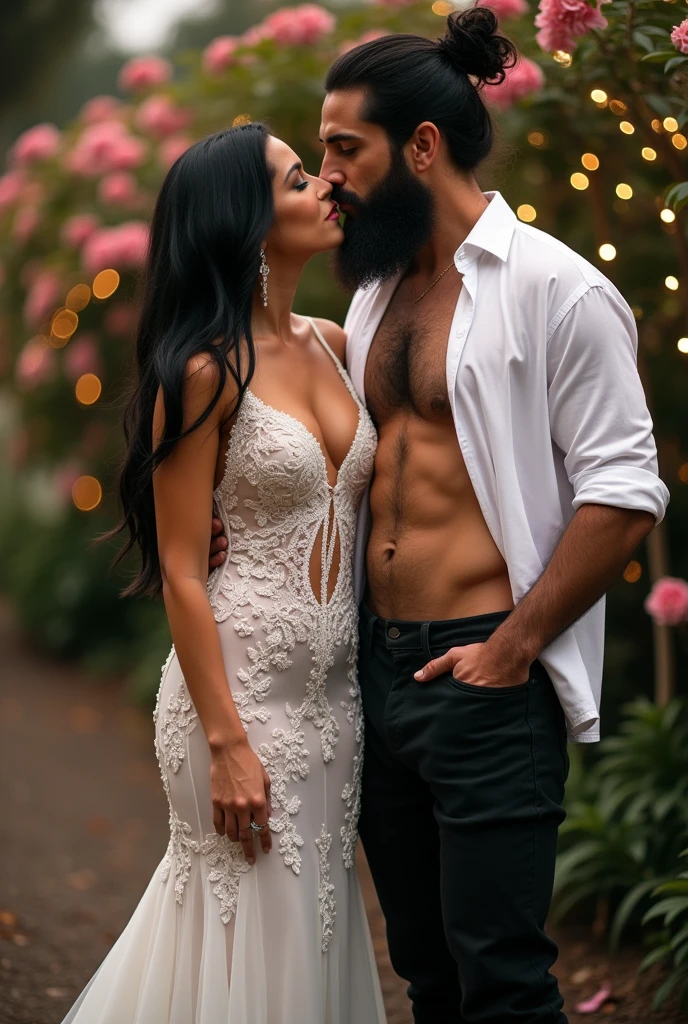 A beautiful woman with long black hair and a provocative, seductive and sexy wedding dress together with a bearded man with lots of hair on his chest and belly and his white shirt completely unbuttoned 