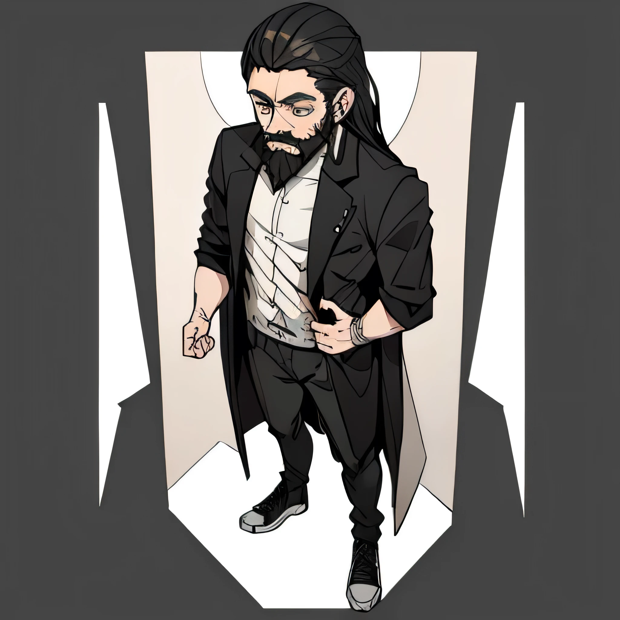 normal man with long black hair and beard full body