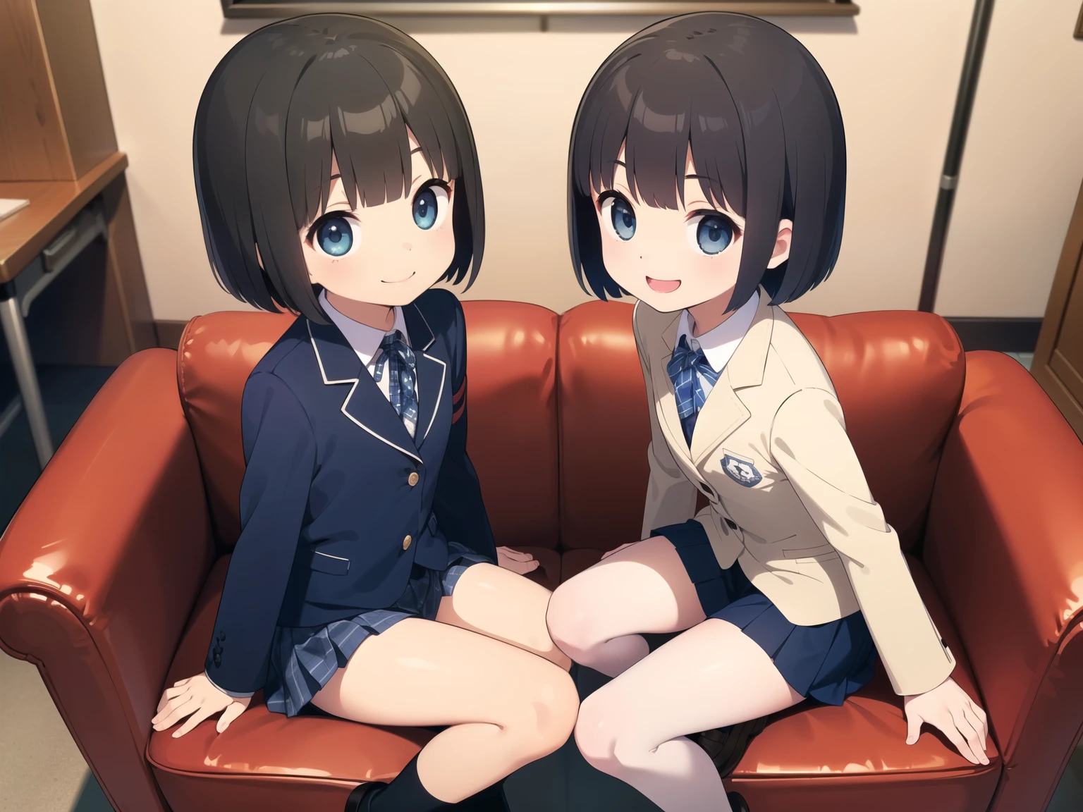 masterpiece, Highest quality、(((Angle from the front,Full body portrait from head to toe))、Small, cute, and young twins、2 girls,、((Black Hair、Bob Hair))、Grey Eyes、((((school uniform、Navy blue blazer、Checkered pleated mini skirt、Knee-high stockings、loafers))))、((((Small breasts、Flat Chest、Too thin body、Micro Mini))))、Slender body、Open your mouth,((Sit on the sofa)),Bedroom、((((smile)))),((Favorability))、((((Detailed facial depiction,Beautiful Eyes))))、cute pose、((((symmetry))))