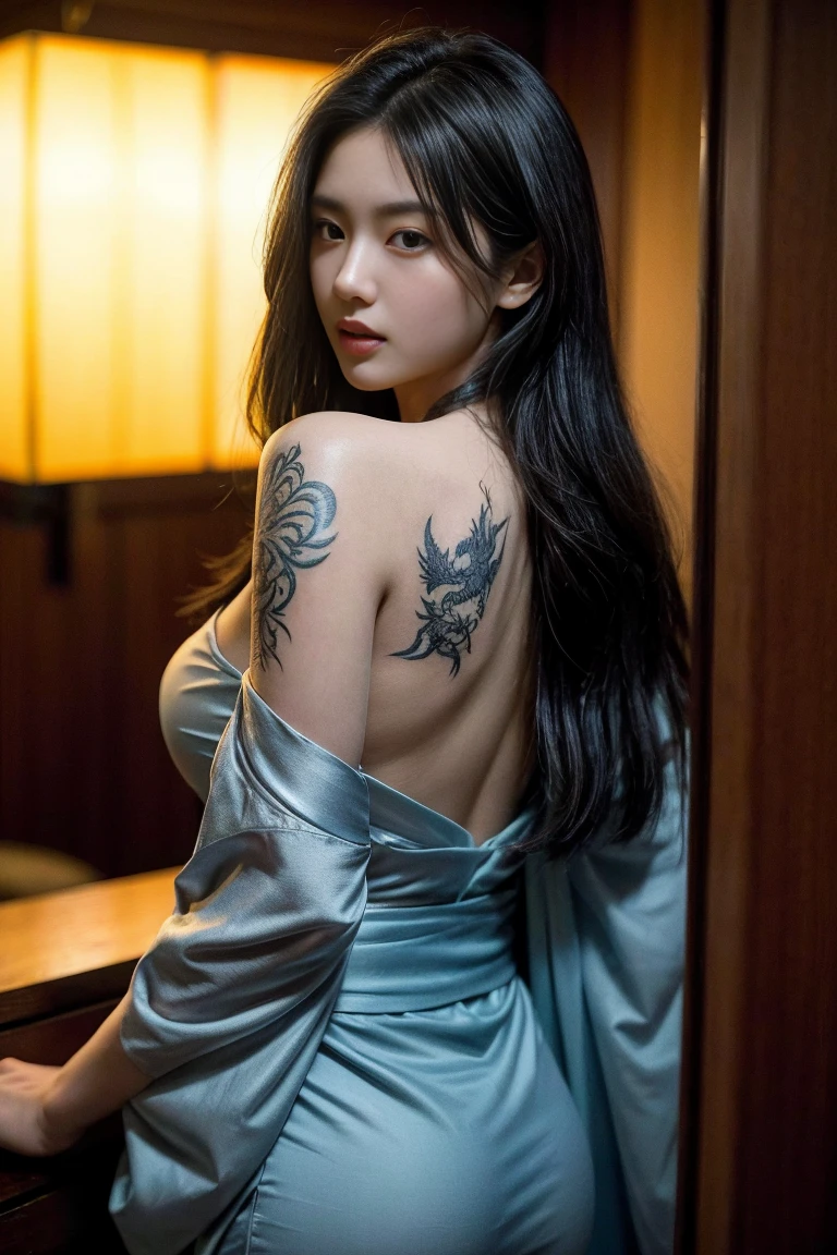 cinematic lighting,super detailed skin、beautiful detailed eyes best quality,cyberpunk,(alternative、Muted colors, calming tones:1.3),NSFW(2 beautiful women、Beautiful detailed facial features.:1.3)(well-formed breasts、Back and shoulder exposure..、Japanese Lace Kimono、torn clothes:1.2).(weapon、to look behind:1.5)very detailed hands、sky before dawn、destroyed torii gate⛩、skyscraper on the roof(Mechanical Moon:1.2)