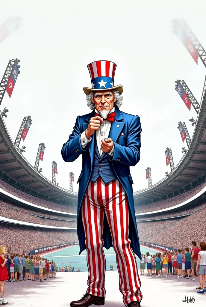 create an image of the 1984 olympic stadiums with uncle sam in front in dashed black and white animation
