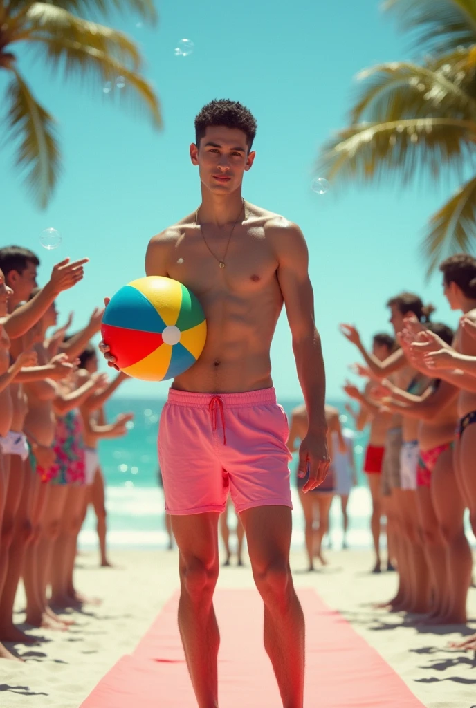 A handsome young man with a beautiful, thin, white face, fair and smooth skin, shirtless, wearing a pink swimsuit, short black hair, on a catwalk at a men's beach party, holding a beach ball in his hand, the audience applauding and celebrating with bubbles. A tall, thin, white, shirtless man.