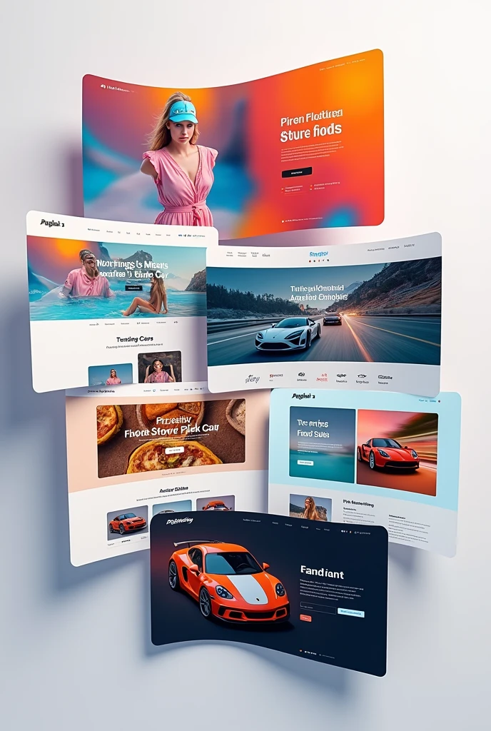 Modern and fluid web page designs in a single image, Some may be a clothing store, others a web portfolio, others a food store, others a car sales store., that they are displayed as if it were a list of 3D cards that are slightly overlapping but that allow you to appreciate the variety, that they are almost all together, that there is no fund or that the general fund is as minimal as possible, NO people or faces no faces, not even 3d as if it were real, avoid the background of the general image, includes responsive views