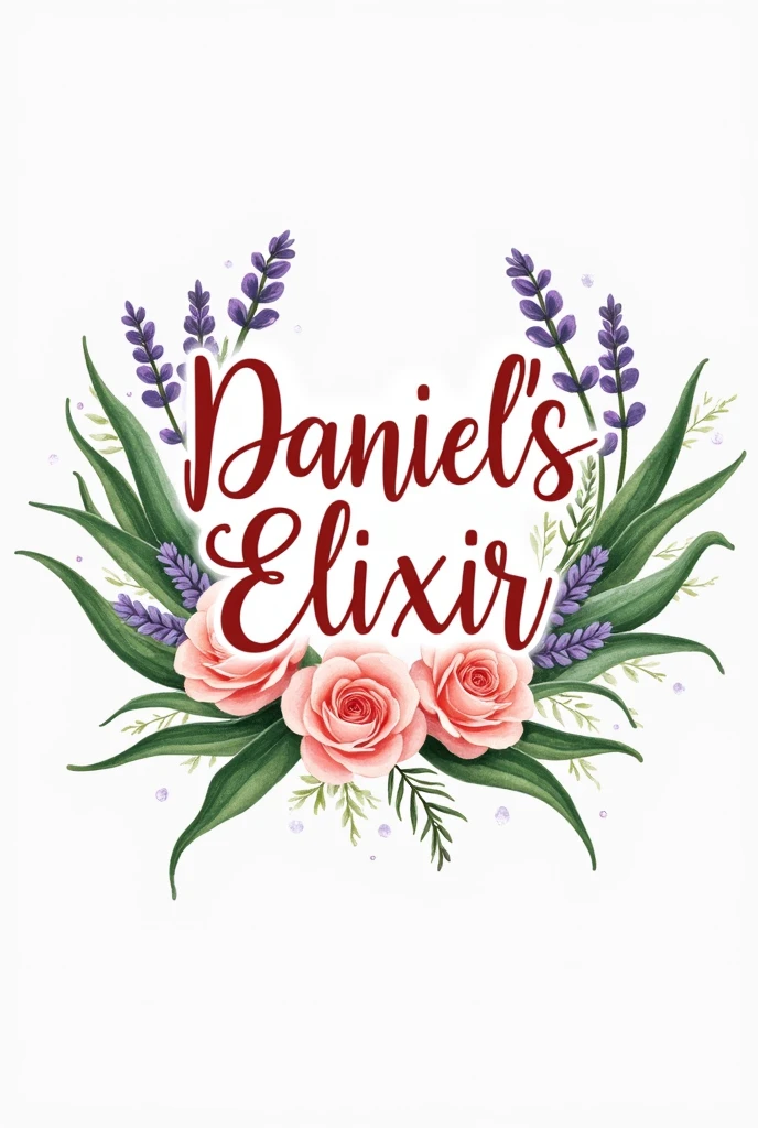 peux tu me faire un design que j’imprimerai en sticker pour coller sur une bouteille de spray cheveux. écris « Daniel’s Elixir » et fais en sorte que ça fasse ressentir le naturel, le bio, dans le spray il y a de l’eau de rose de l’aloe véra de l’huile de jojoba et de la lavande pour t’aider. je veux pas de bouteille sur le steacker juste des roses de l’aloe vera de la lavande et « Daniel’s elixir »