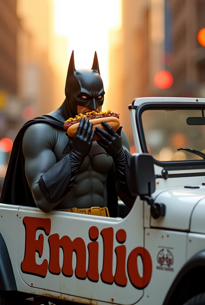 Batman eating hot dogs in a white Jeep with letters that say Emilio