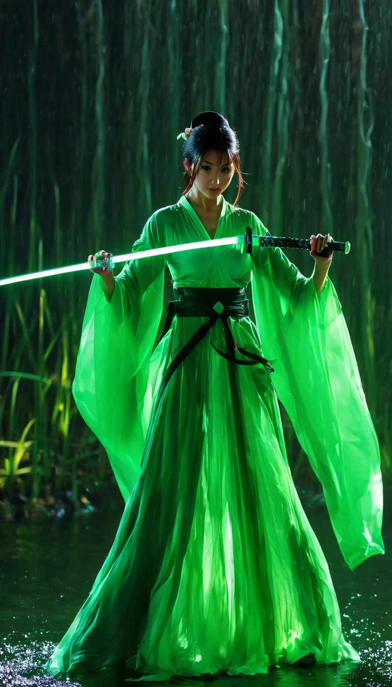 Pokemon,Fighting Stance,Streamlined figure,Pink snake eyes,Wet,Slender figure,Loose fitting robe,Backlight。Pink snake eyes,,Slender figure,Slim waist,Loose fitting robe,Backlight、Backlight。(Heroine Sword Dance:1.5),Green snake shadow,Anatomically correct,Glowing sword,(Movement posture),Hold the hilt of the sword,1 sword,Solitary,On the Lake,High contrast, Movie Lighting, Mysterious atmosphere,, ripple,(Splash;1.4),A moon,Motion Blur,swordsman,effort,,Green glowing lightsaber,