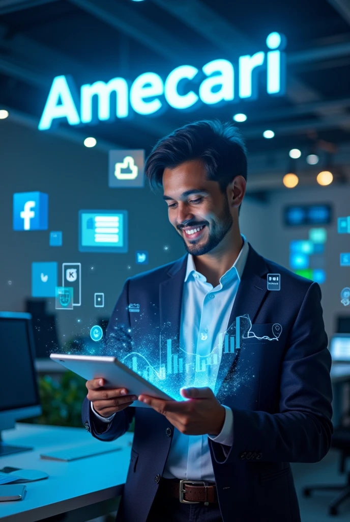 Chat could create an image for me to promote my digital marketing company called amecari digital, You can highlight the name Amecari digital and make it more realistic while keeping the same model.