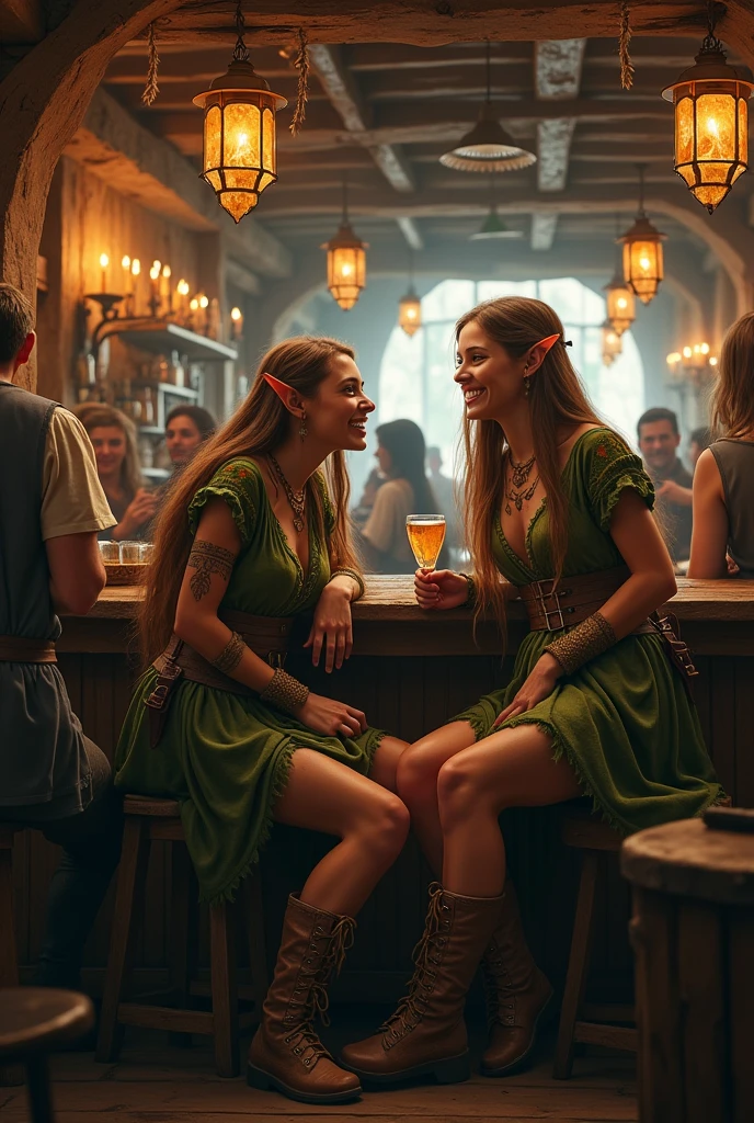 uma taberna medieval, duas garotas elf, archers, drinking near the counter, skirt short, roupas de archers da floresta, animal skin boots, layer, Long, straight hair