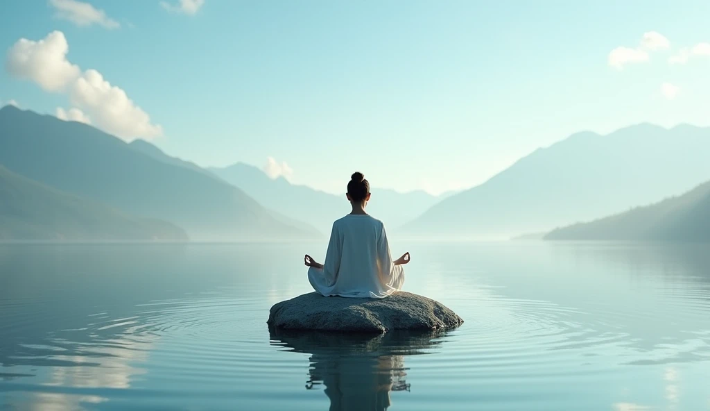 A person sitting in the lotus position on a rock in a calm lake, reflecting the blue sky. Soft colors and a serene atmosphere, evoking feelings of peace and introspection.
