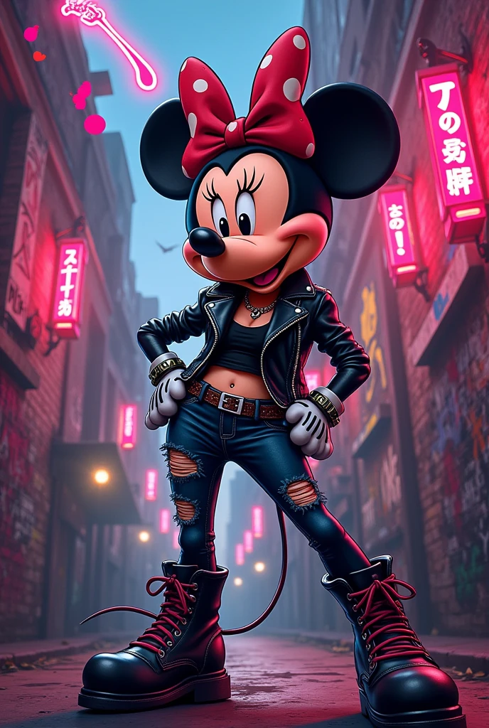 Minnie rocker, evil, with a capybara face, rocker, biker, animated cartoon