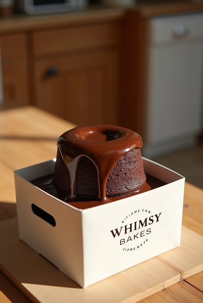 company named on box: whimsy bakes
topping : chocolate sauce
Outside of box
no decorations
only plain chocolate cake