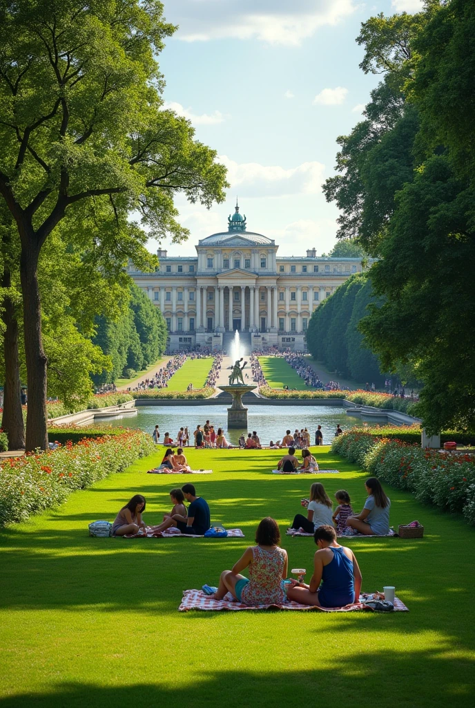 Park with neoclassical palace in the background