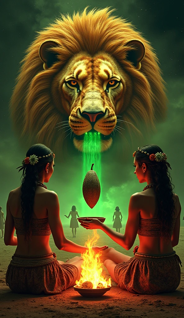 two ultra realistic mayan women with their backs to a portal with a majestic golden lion on the portal inside a black moon in the open sky, convey depth. Green lights come out of the hearts of these women, one holds a bronze bowl and the other a large cocoa fruit over a ritual fire, They are sitting.. in the background women dancing. the cocoa fruit appears in the lion's mouth